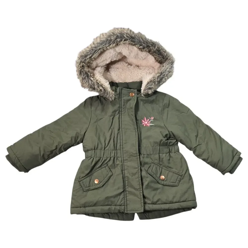 Young Dimension Baby Girls 12-18M Olive Green Parka Coat Faux Fur Floral Sherpa